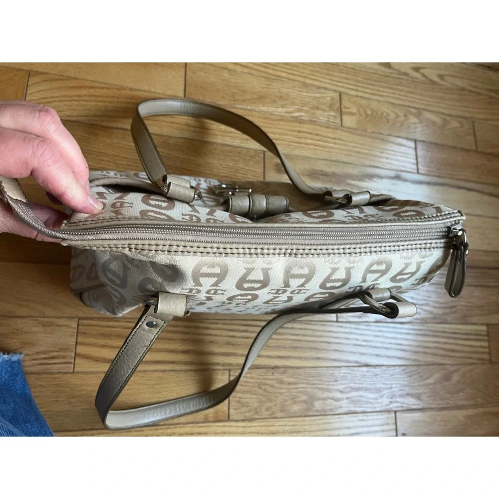 Etienne Aigner Beige Monogram Jacquard Shoulder Bag Purse Silver Hardware Summer